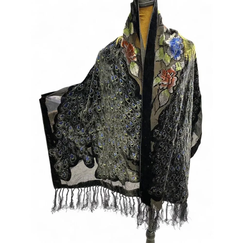 Festival Boho Whimsigoth Silk Blend Cottage Velvet Feminine Fringe Shawl Scarf
